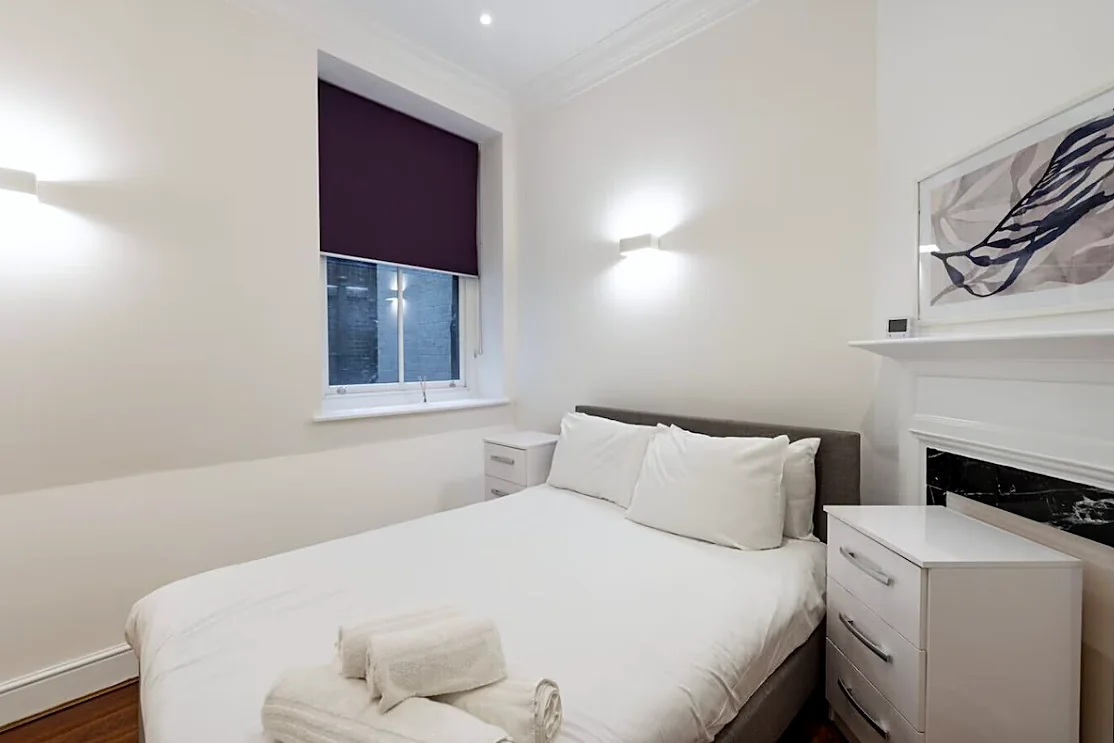 Bedroom with fireplace and window