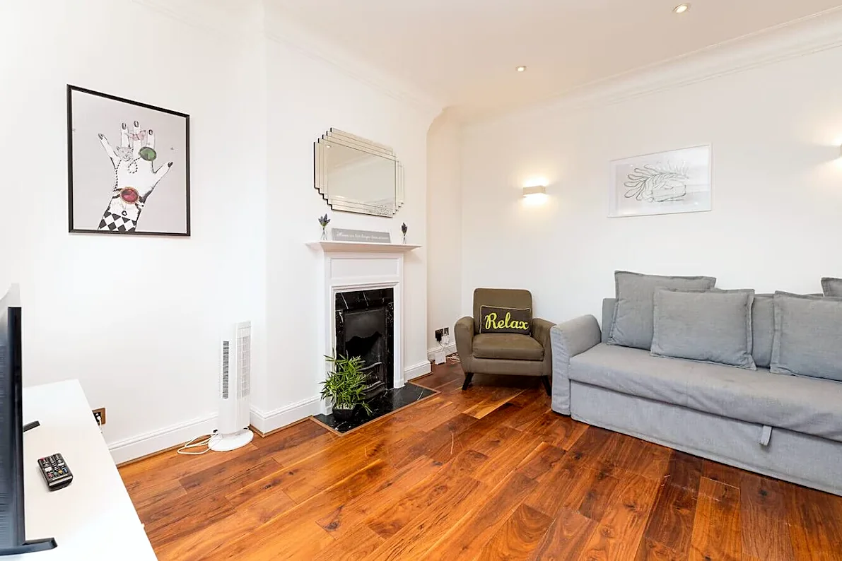 Living area with sofa and fireplace