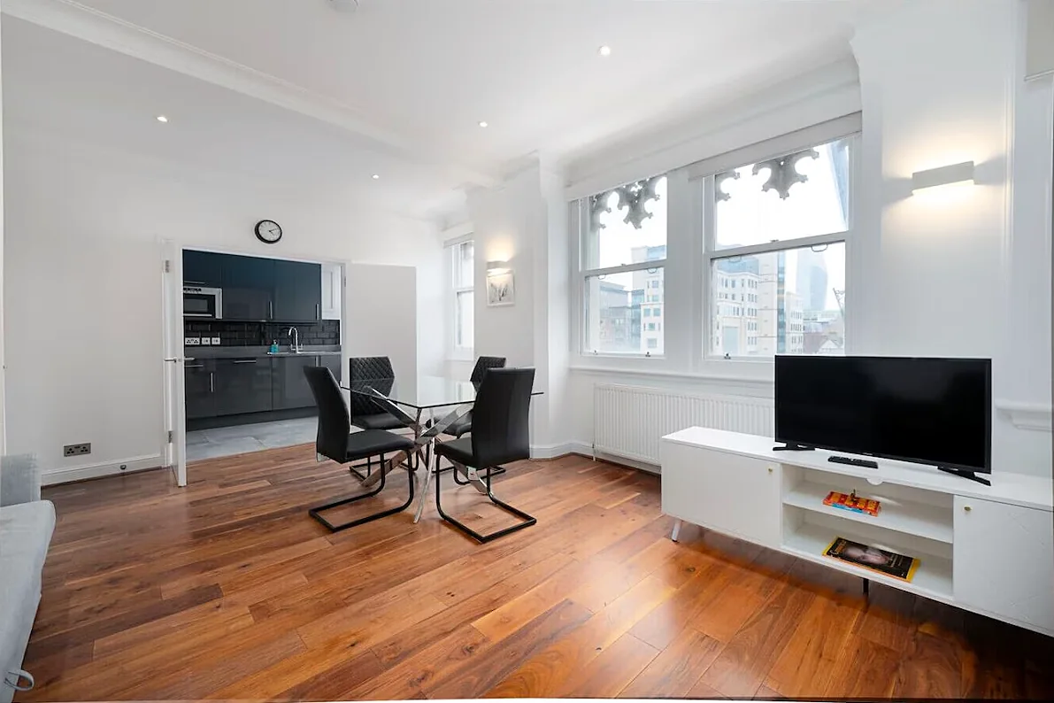 Living room with the kitchen beyond