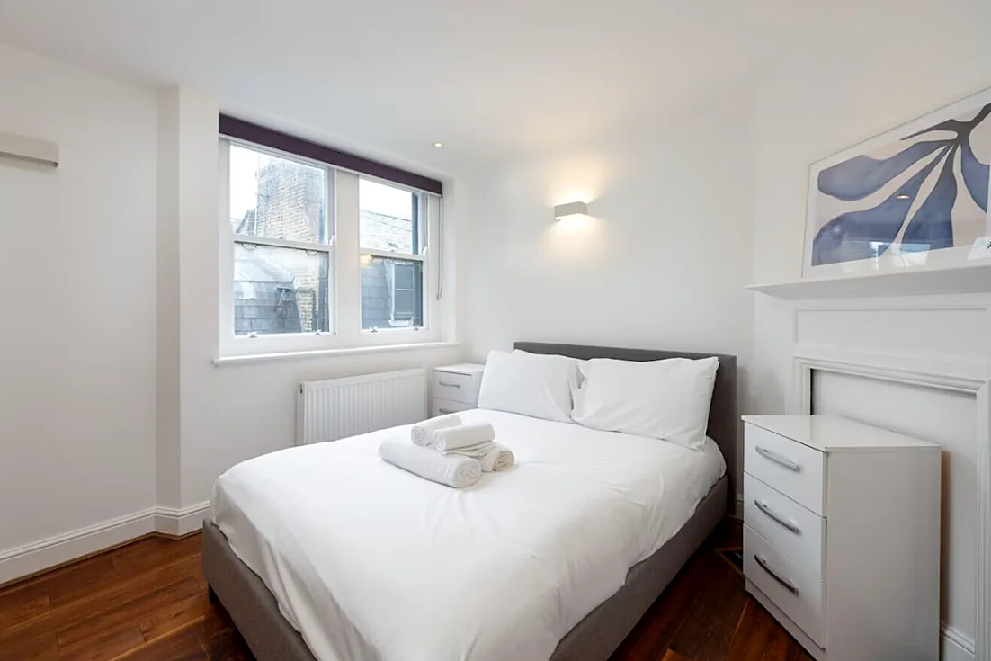 Bedroom with window and fireplace